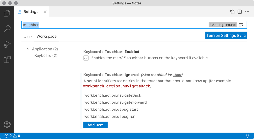 VS Code Touchbar Settings on Workspace