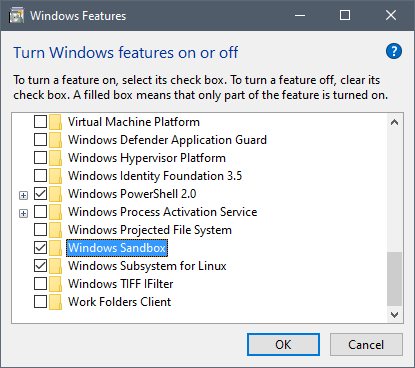 Windows Features - enabling Windows Sandbox