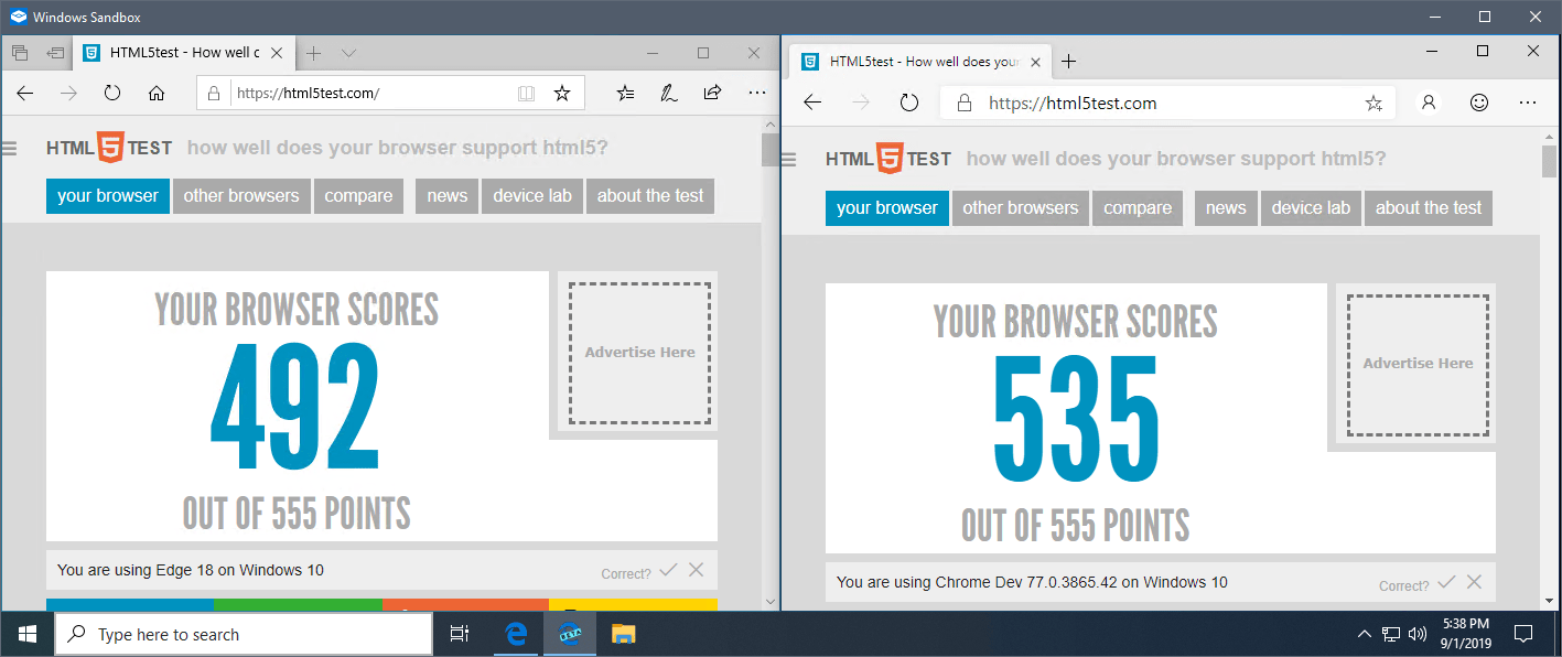 Windows Sandbox - testing HTML5 with Edge and Edge Beta