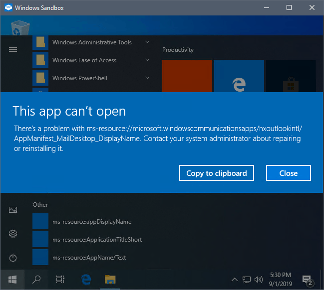 Windows sandbox - errors and non-functioning apps