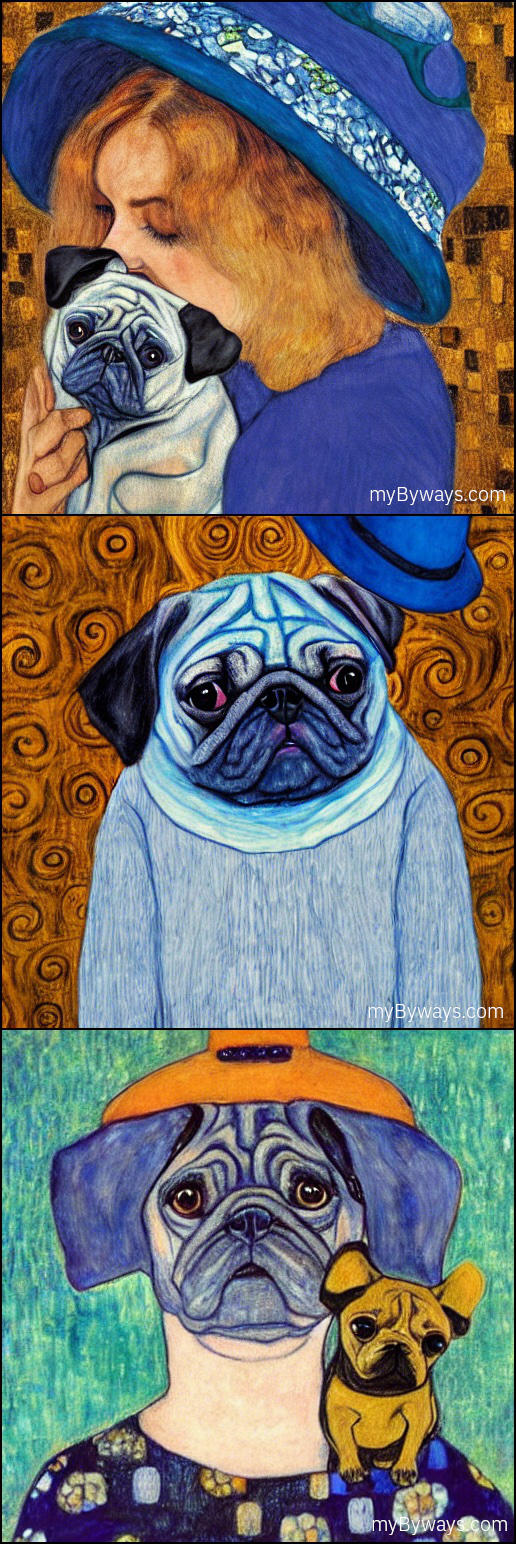 Stable Diffusion 3x Output Sample “a sad woman holding a blue pug wearing a hat, in the style of gustav klimt”