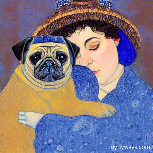 Stable Diffusion Output Sample “a sad woman holding a blue pug wearing a hat, in the style of gustav klimt”