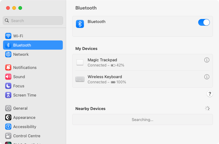 System Preferences Bluetooth panel showing battery levels