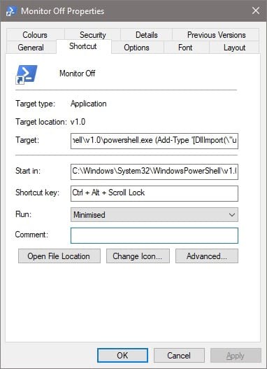Windows Shortcut properties to assign hotkey to turn off monitor