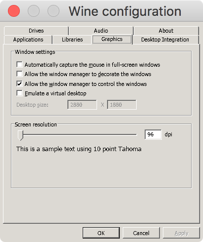 Wine Configuration with Retina Mode enabled at 96 dpi