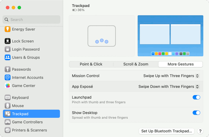 Trackpad settings for Mission Control and App Exposé three finger swiping
