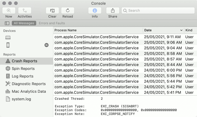 Console Log com.apple.CoreSimulator.CoreSimulatorService crash