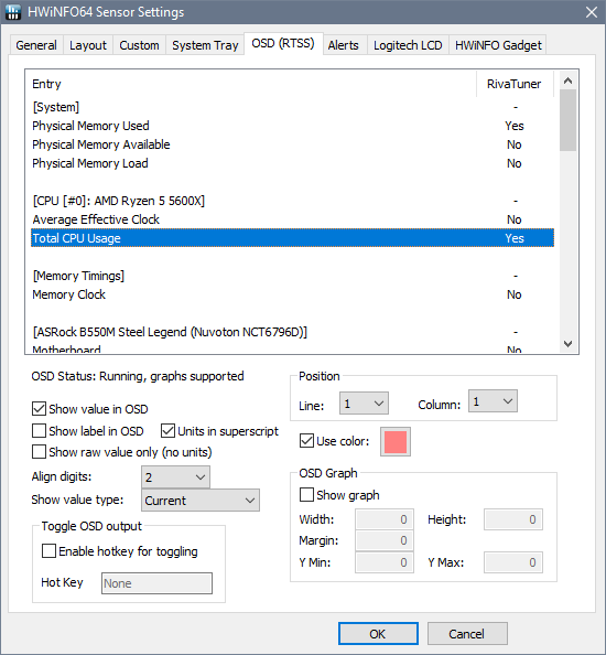 HWiNFO64 Sensor Settings for OSD using RTSS