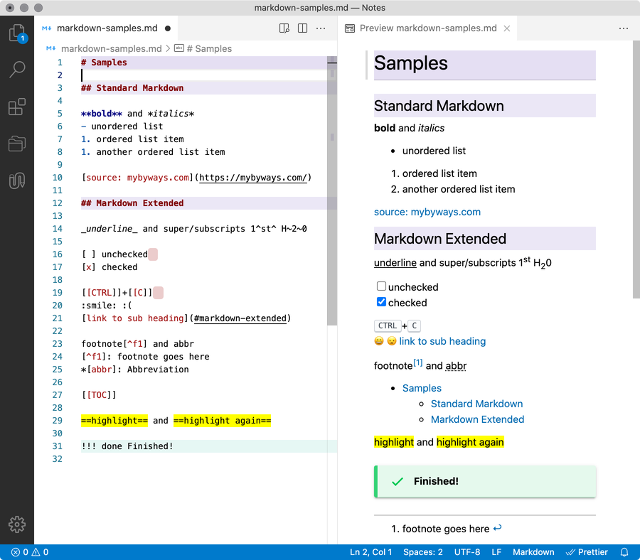 Markdown Extended and Highlight extensions for VS Code