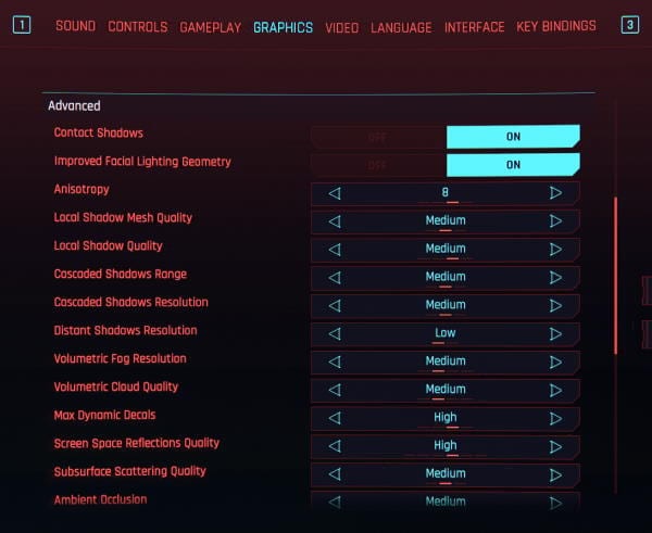 Cyberpunk 2077 Advanced Graphics Settings