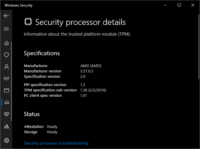 Windows 10 fTPM Security Processor Details