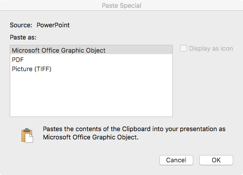 PowerPoint for Mac Paste Special, repeated with TIFF, PDF and Microsoft’s internal format