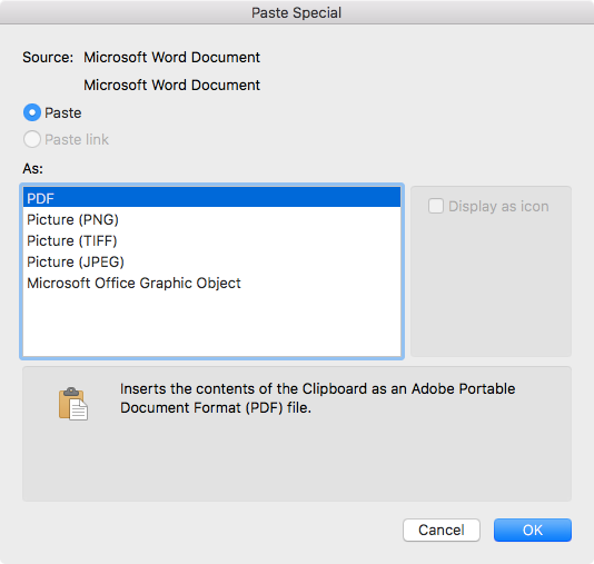 Word for Mac Paste Special, converts images to TIFF, PNG and JPG