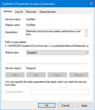 SysMain Properties - Disable Startup