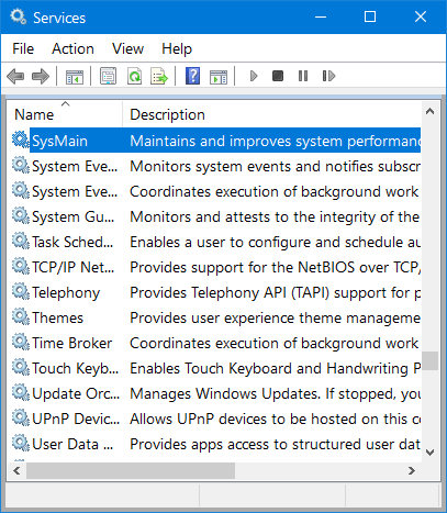 Windows 10 Services - SysMain