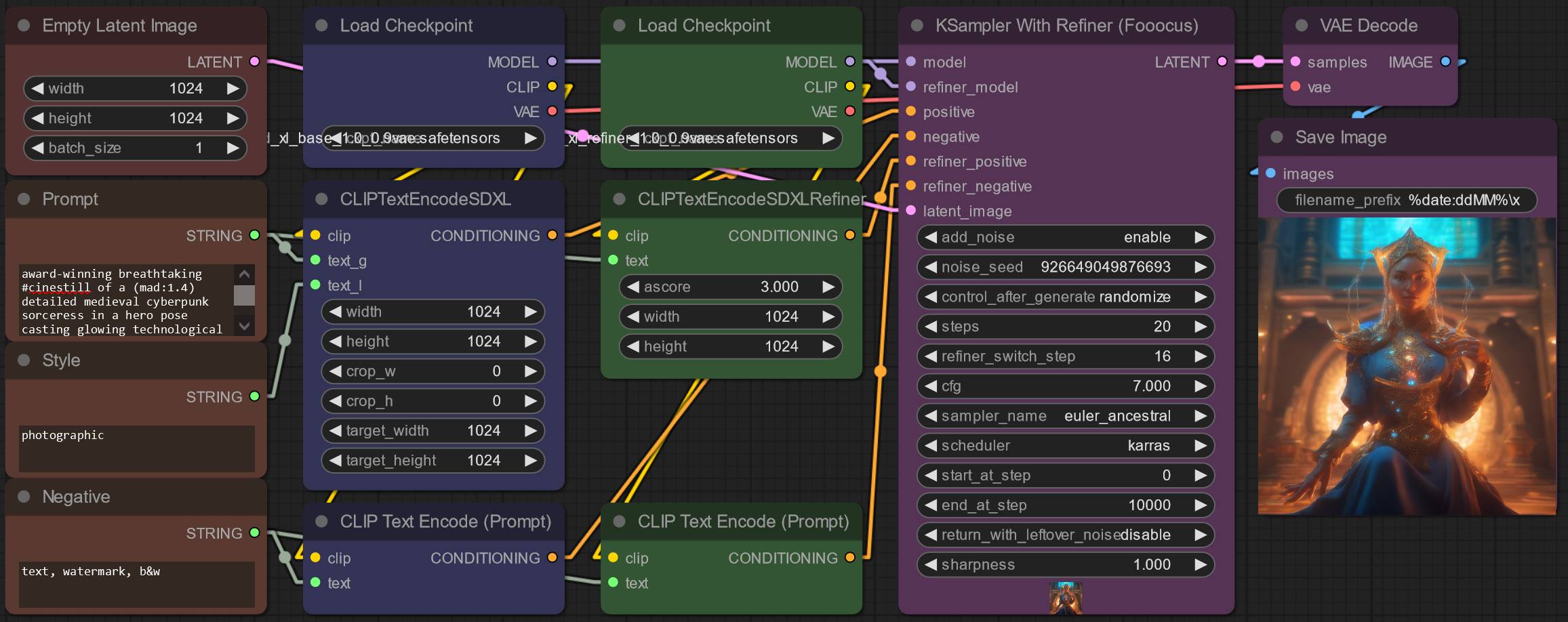 ComfyUI workflow with Fooocus KSampler Custom Node