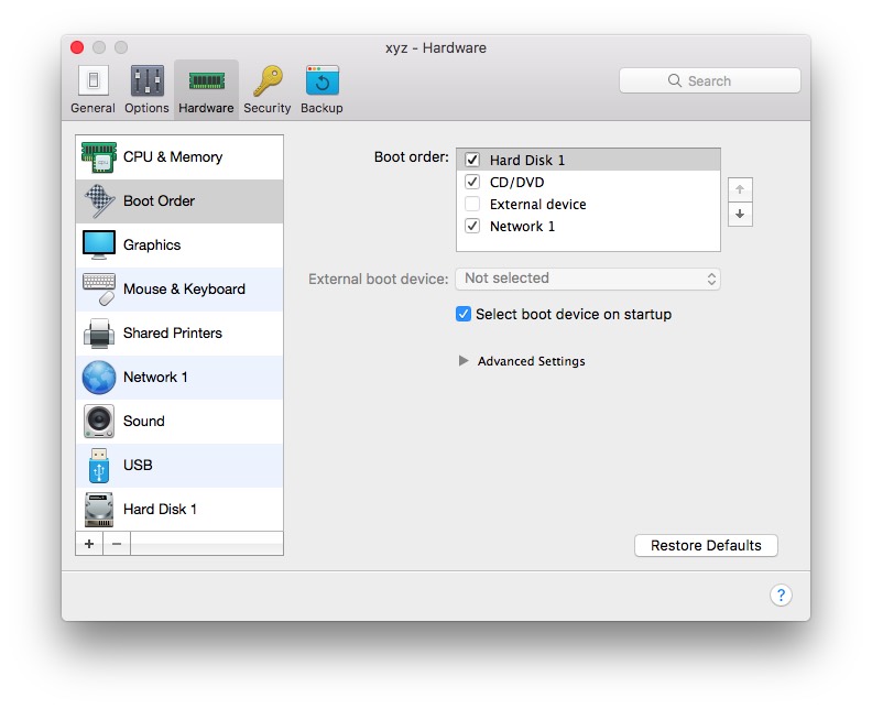 Parallels VM Configuration Select Boot Device on Startup