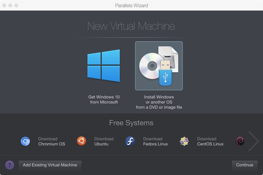 Parallels Wizard Install OS from image file