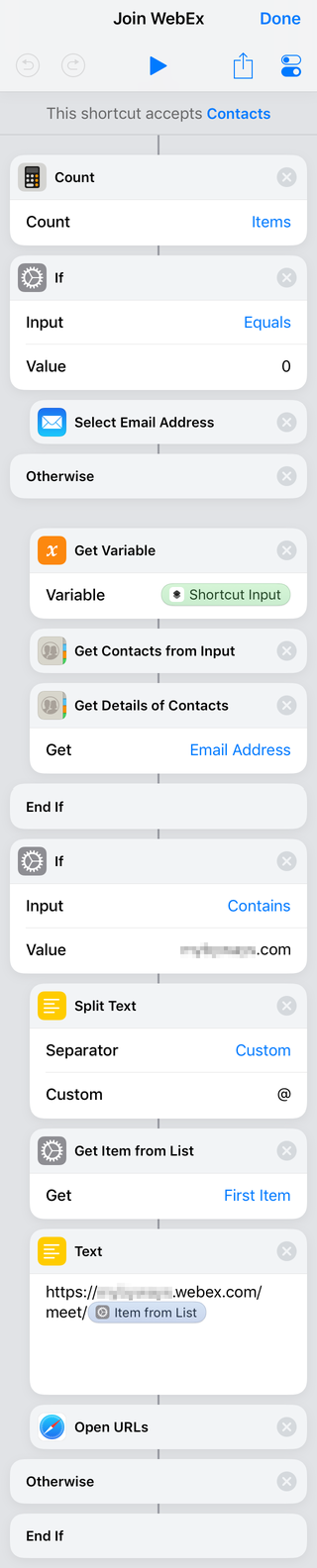 ios Shortcut to join WebEx by email ID