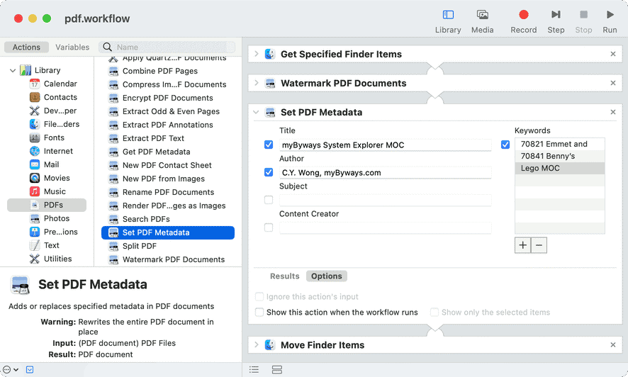 Automator script to set PDF metadata and watermark