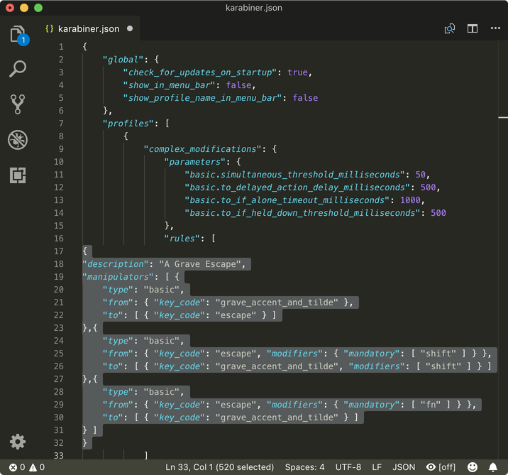Visual Studio Code Editing karabiner.json