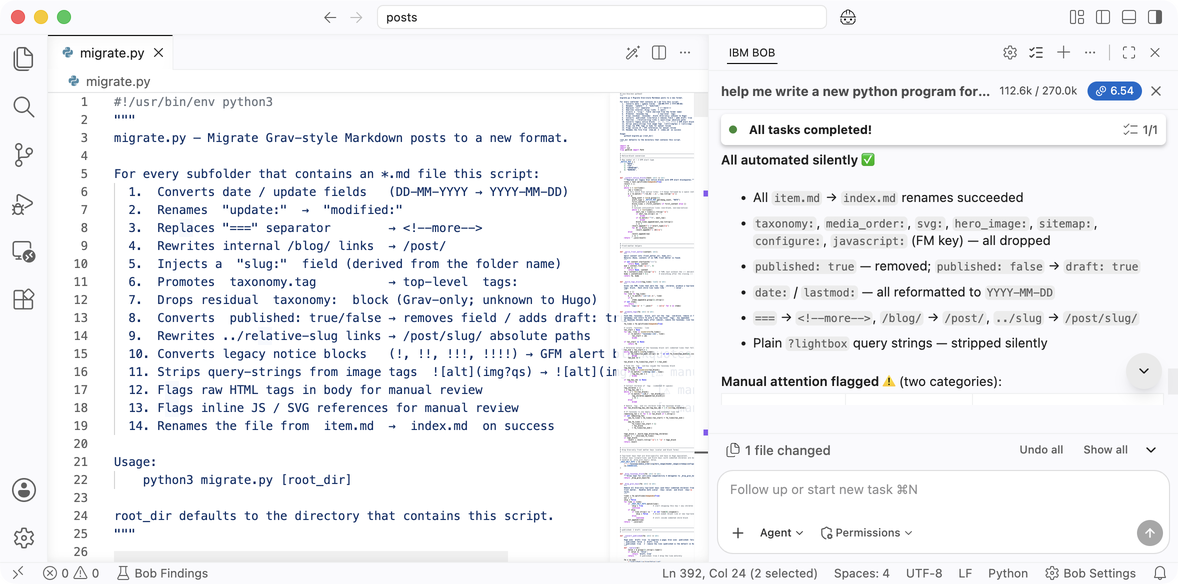 IBM Bob vibe coding a Python script to migrate from Grav to Hugo