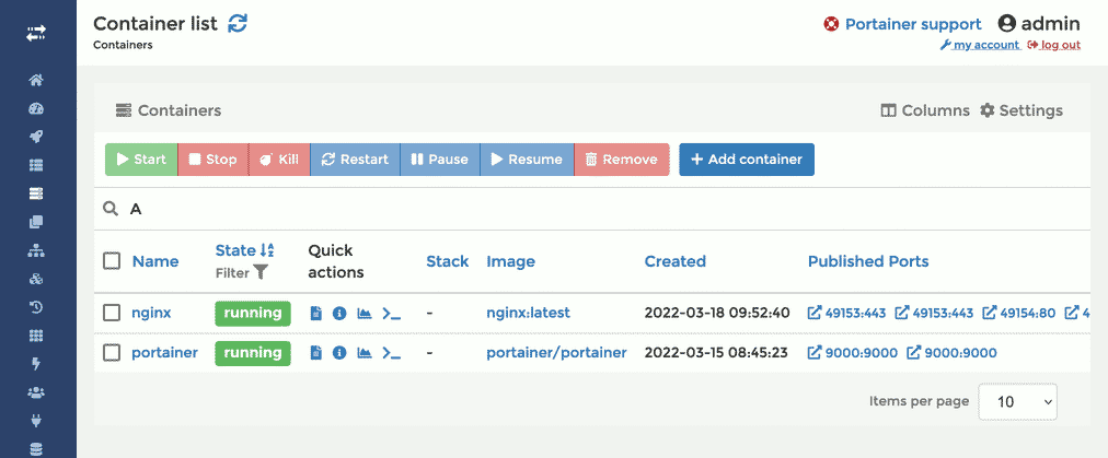 Portainer running containers list