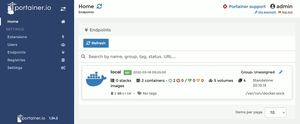 Portainer home page running in a Multipass docker VM