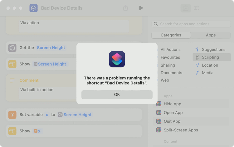 Shortcut Get Device Details Error