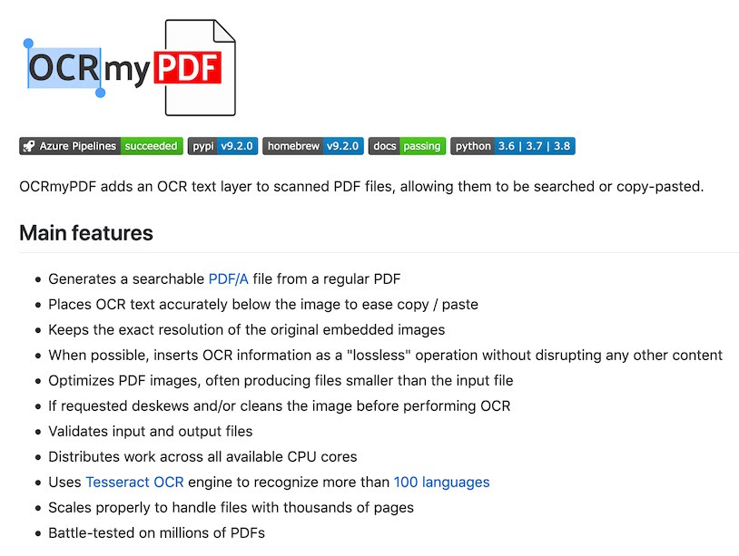 OCRmyPDF GitHub project description