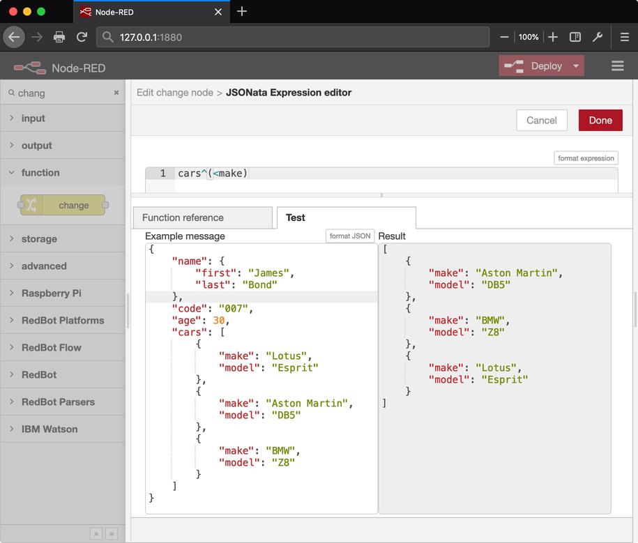Node-RED JSONata expression editor