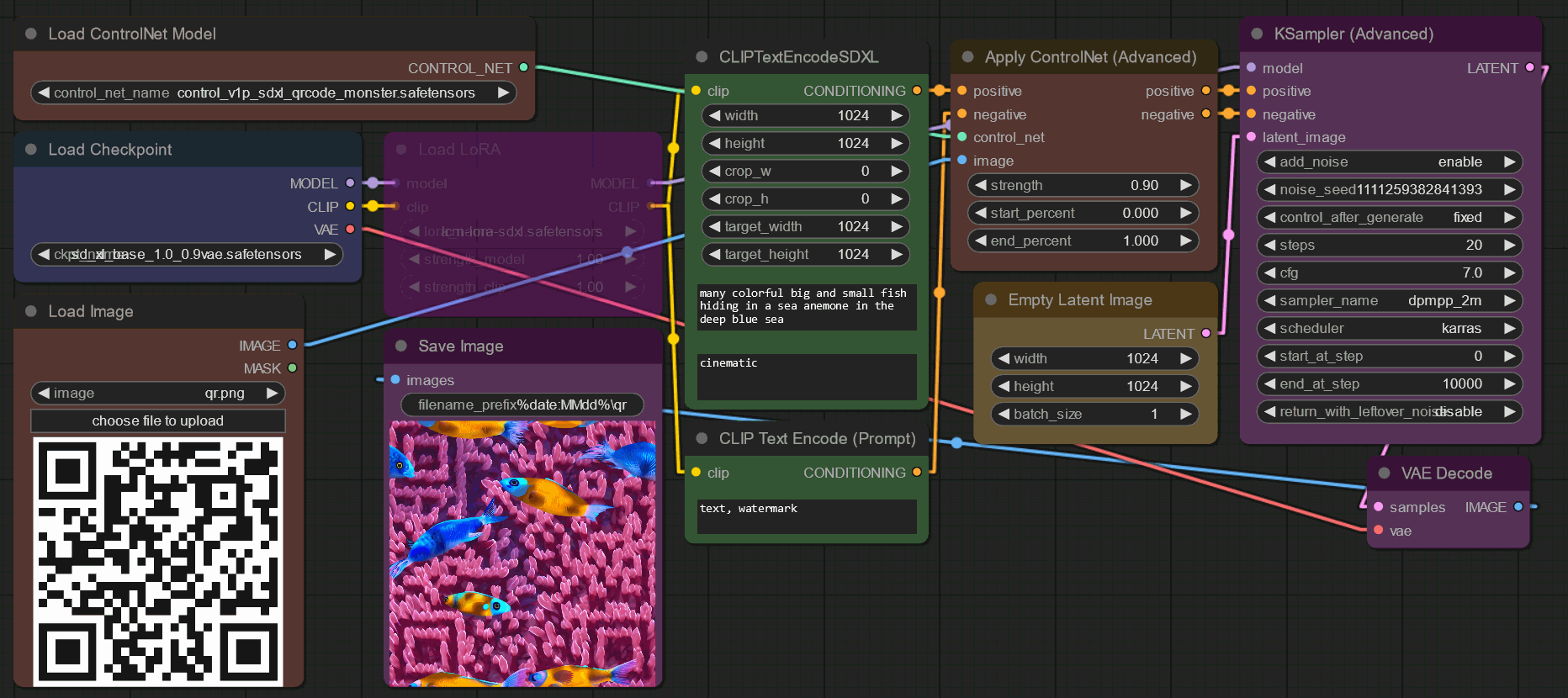ComfyUI workflow for QR Code Monster ControlNet for SDXL LCM LoRA