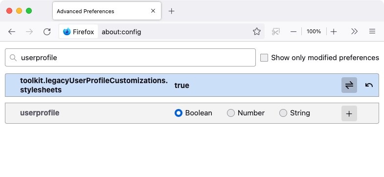 Firefox about:config with legacyUserProfileCustomizations.stylesheets enabled