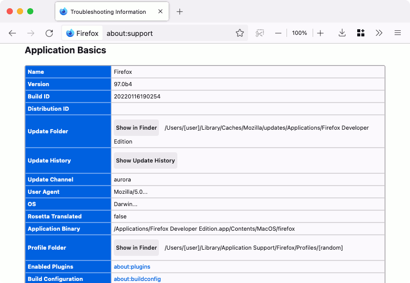 Firefox about:support profile folder
