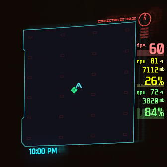Cyberpunk 2077 mini-map with RTSS statistics