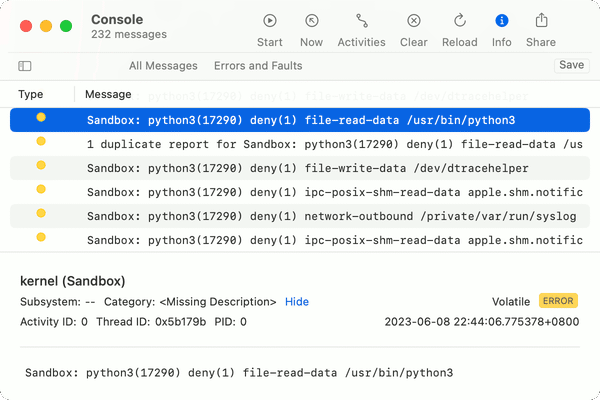 Console.app filtered by &ldquo;sandbox&rdquo; logs