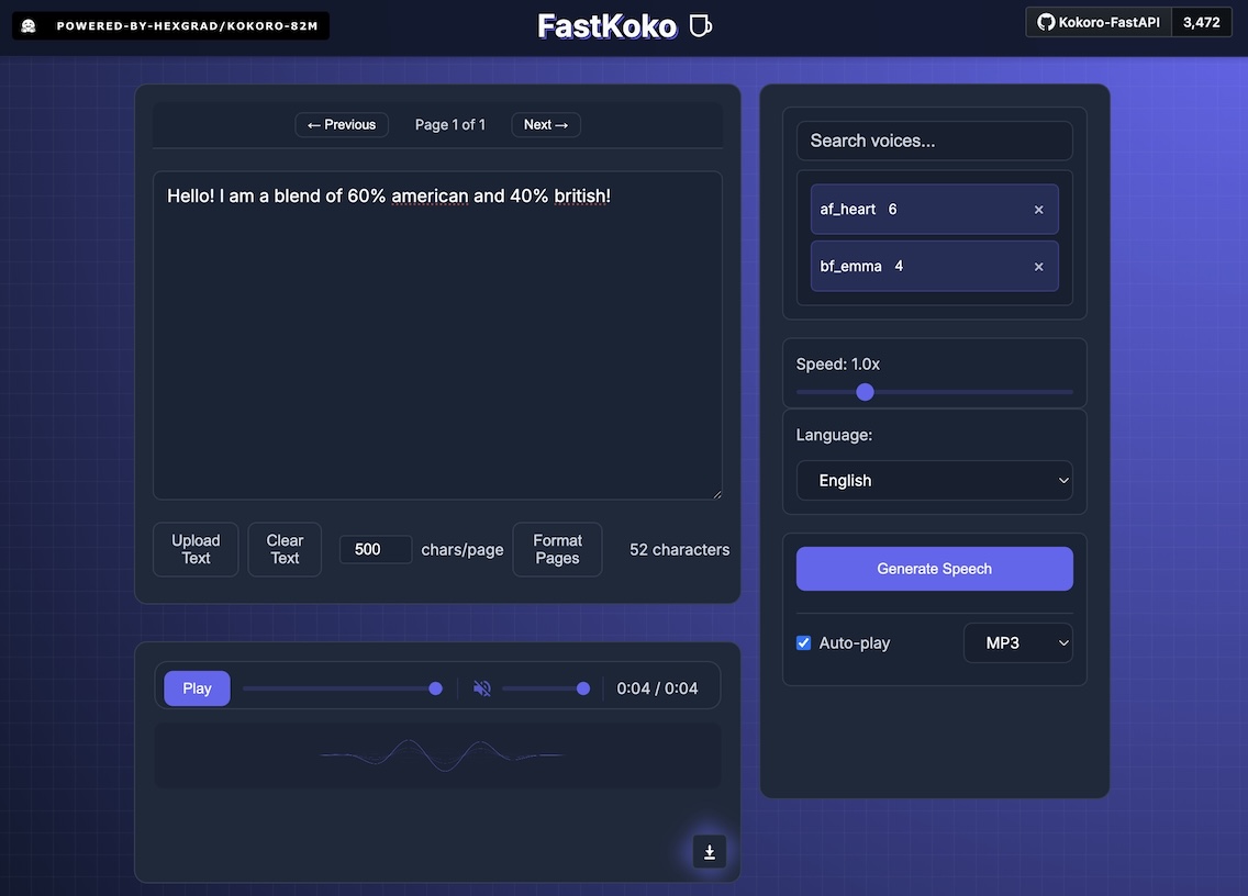 Kokoro-FastAPI TTS running in a container