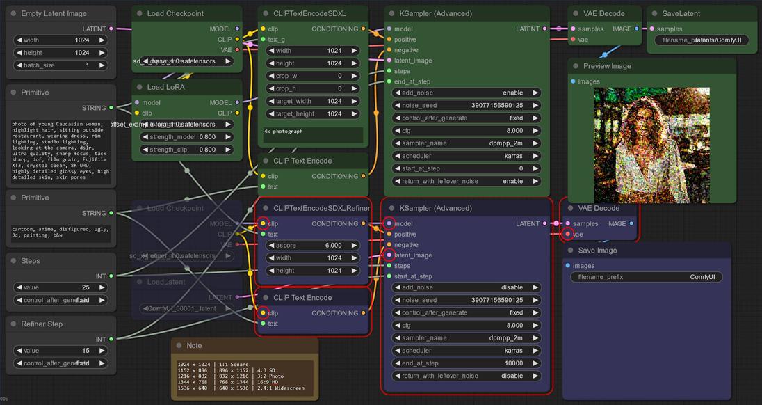 ComfyUI two-pass split SDXL workflow with example LoRA