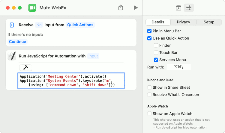 Shortcuts for macOS Details settings for Quick Actions