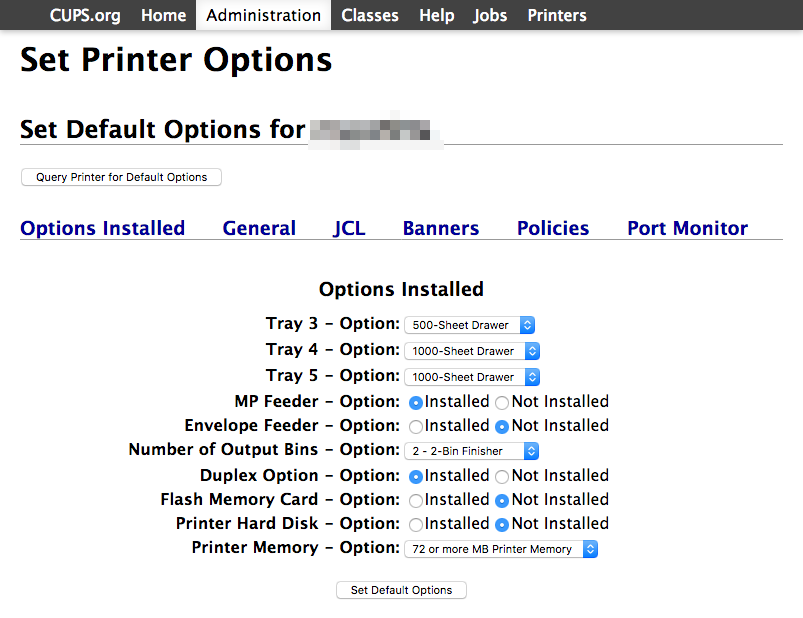 CUPS Ricoh Printer Options Installed