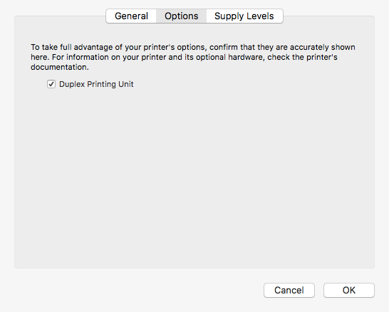 System Preferences Printer Options and Supplies Duplex Printing Unit