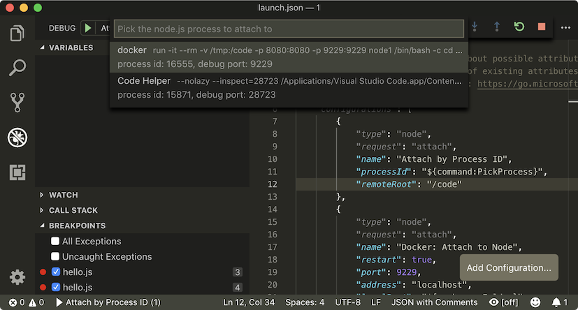 Visual Studio Code Attach to Node.js process