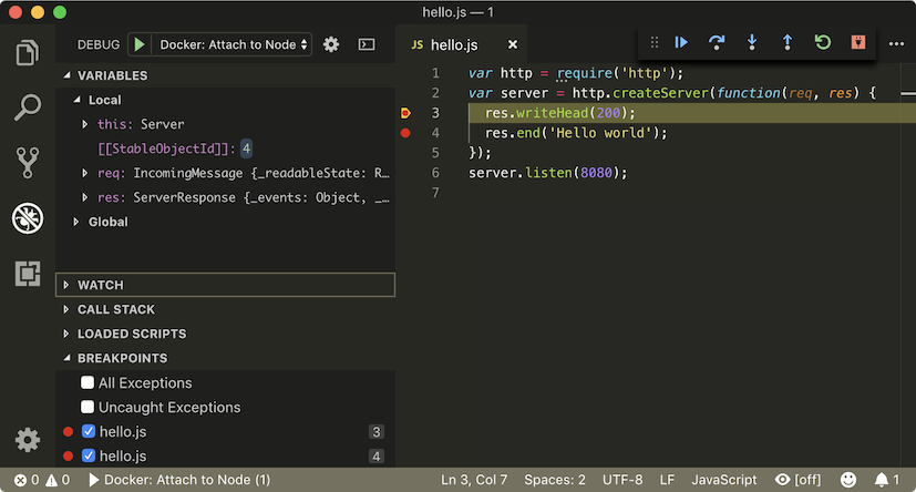 Visual Studio Code Debug Node.js code in a container