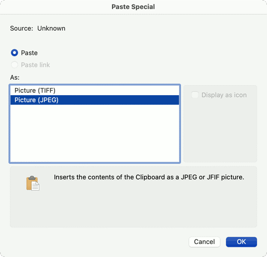 macOS Microsoft Word Paste Special as JPEG