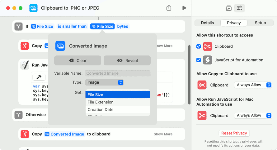 macOS Shortcut If to compare image file size