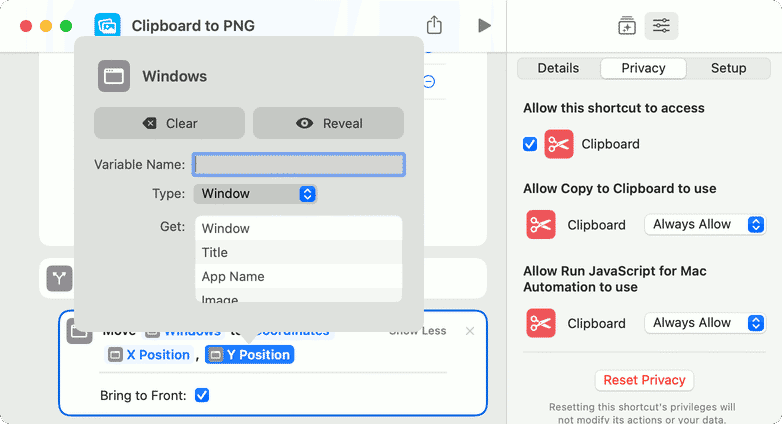 Shortcut Action Window Variable X or Y Position