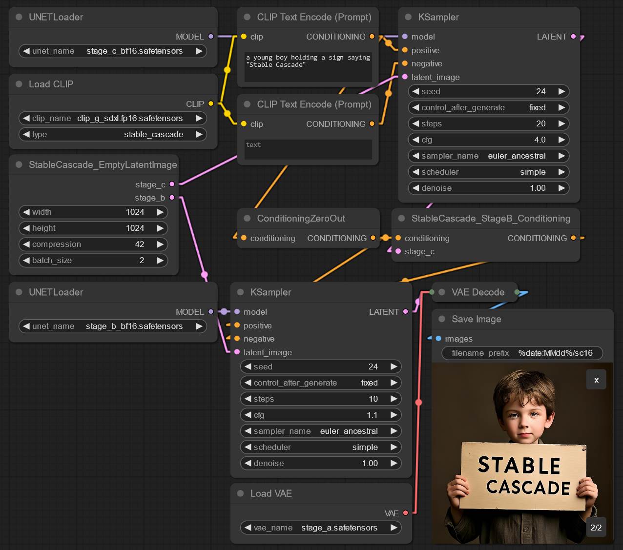ComfyUI runing Stable Cascade locally - perfect text and hands
