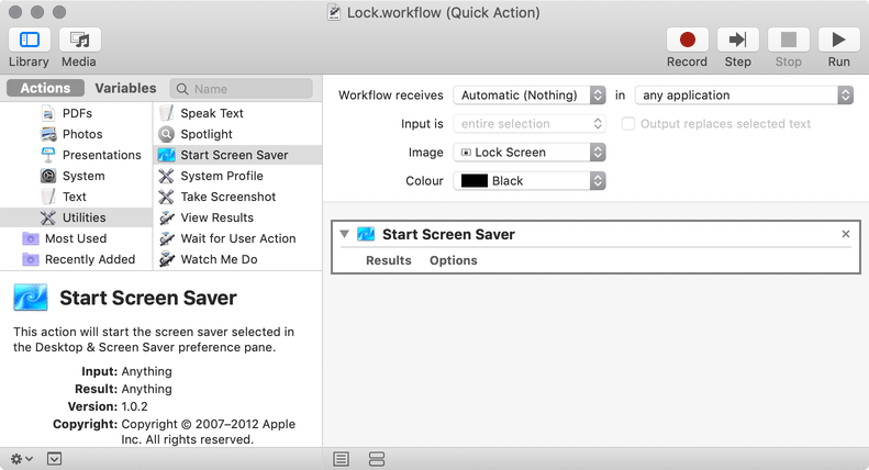 Automator Start Screen Saver