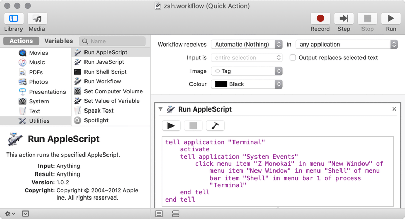 Automator AppleScript Click Menu Item to open a New Window with a given Terminal Profile