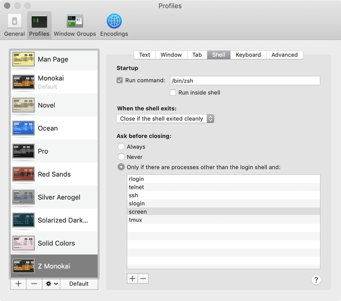 Terminal Preferences Profile Startup Run Command